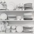 Stylish Patterned Dinnerware Set With Plates Mugs Bowls On Display Shelves