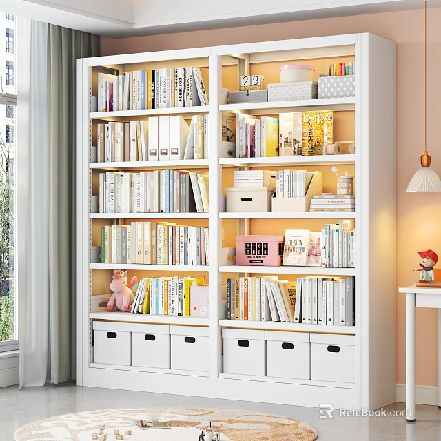 Modern White Multi Tiered Bookshelf With Books And Storage Boxes In Bright Room 3d model 