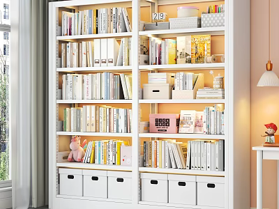 Modern White Multi Tiered Bookshelf With Books And Storage Boxes In Bright Room 3d model