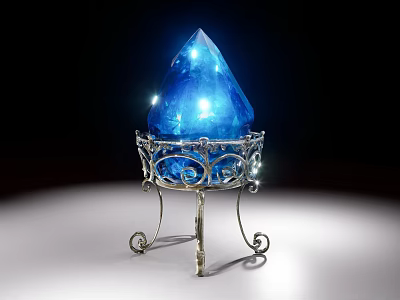 Artistic Blue Crystal Sculpture on Silver Metal Stand with Curved Decorations 3d model