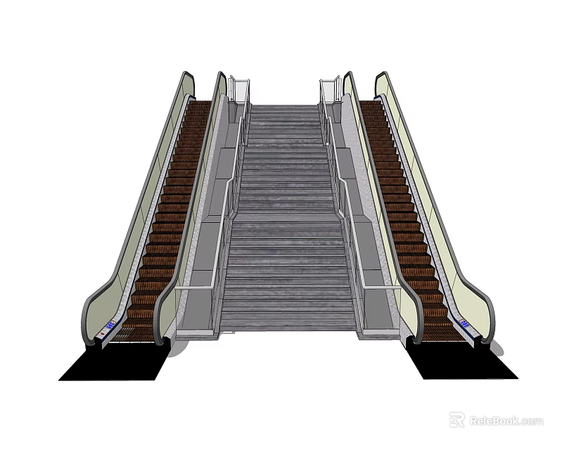 Modern Dual Escalator Design with Central Stairs and Metal Handrails System 3d model 