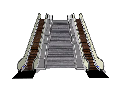 Modern Dual Escalator Design with Central Stairs and Metal Handrails System 3d model