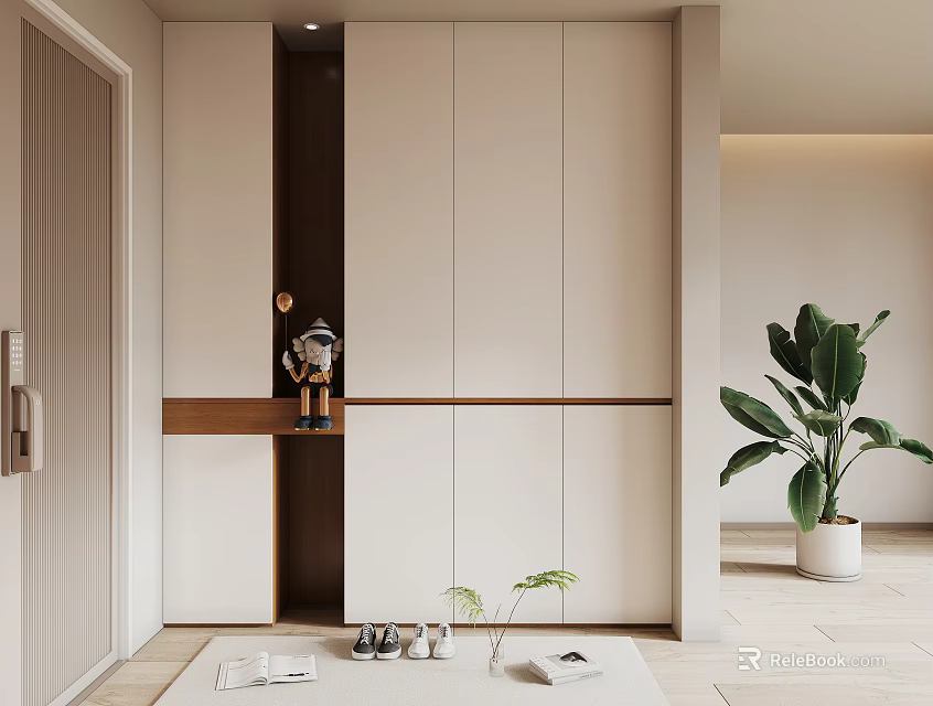 Modern Minimalist Entryway Hallway With White Cabinets Wooden Shelf And Green Plant 3d model 