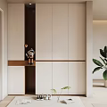 Modern Minimalist Entryway Hallway With White Cabinets Wooden Shelf And Green Plant