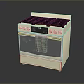 Beige Gas Range Oven With Multiple Burners Control Knobs And Green Towel