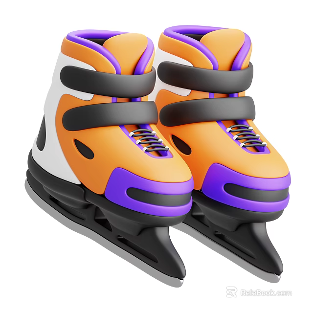 Colorful Orange Purple White Ice Skates With Black Straps And Sharp Blades 3d model 