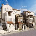 Mediterranean Style Townhouse Exterior With Red Tiled Roof Stone Walls Arched Windows And Wooden Pergola