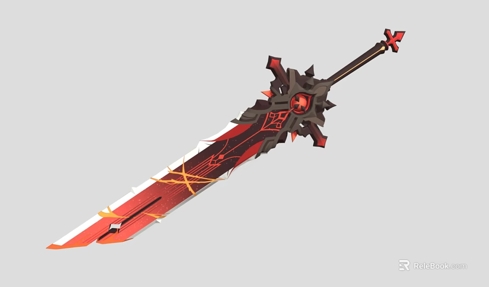 Red and Black Mythical Sword With Spiked Hilt Decorative Patterns and Flame Design 3d model 