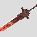 Red and Black Mythical Sword With Spiked Hilt Decorative Patterns and Flame Design