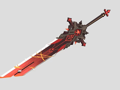Red and Black Mythical Sword With Spiked Hilt Decorative Patterns and Flame Design 3d model