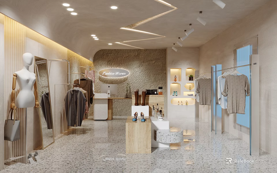 Modern Stylish Clothing Store Interior With Clothing Racks Mannequins And Display Shelves 3d model