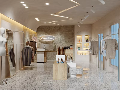 Modern Stylish Clothing Store Interior With Clothing Racks Mannequins And Display Shelves 3d model