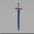 3D Rendered Medieval Sword With Blue Blade Red Accents And Cross Shaped Hilt