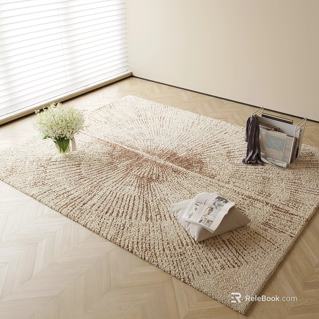 Square Beige Sunburst Texture Rug With White Flowers Magazines And Dark Cloth On Wooden Floor 3d model 