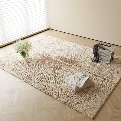 Square Beige Sunburst Texture Rug With White Flowers Magazines And Dark Cloth On Wooden Floor 3d model
