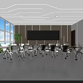 Modern School Cafeteria Interior With Bright Windows White Tables And Green Plants 3d model