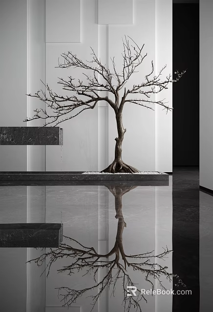Bare Branch Tree With Exposed Roots In Modern Minimalist Interior Smooth Floor Reflection And Small Stones 3d model 