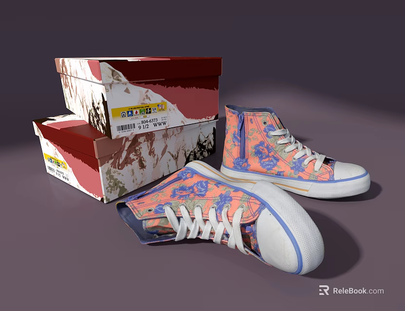 High Top Canvas Shoes With Colorful Patterns And Matching Shoe Boxes 3d model 
