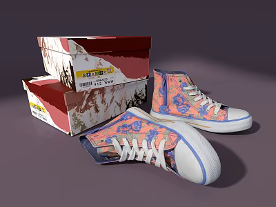 High Top Canvas Shoes With Colorful Patterns And Matching Shoe Boxes 3d model
