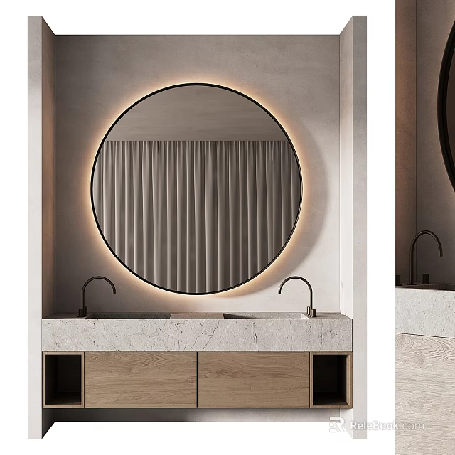 Modern Wash Basin With Round Backlit Mirror Marble Countertop And Wooden Cabinet 3d model 