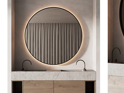 Modern Wash Basin With Round Backlit Mirror Marble Countertop And Wooden Cabinet 3d model
