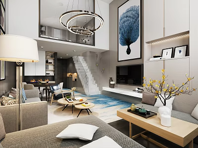 Elegant Modern Living And Dining Room Interior With Sofa Coffee Table Chandelier And Decorative Painting 3d model