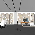 Modern Public Office Space with Open Concept Bookshelves Office Desks Chairs and Microphone Stand