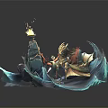 Dynamic Cartoon Scene With Dragon Riding Ship Through Blue Waves And Flaming Torch