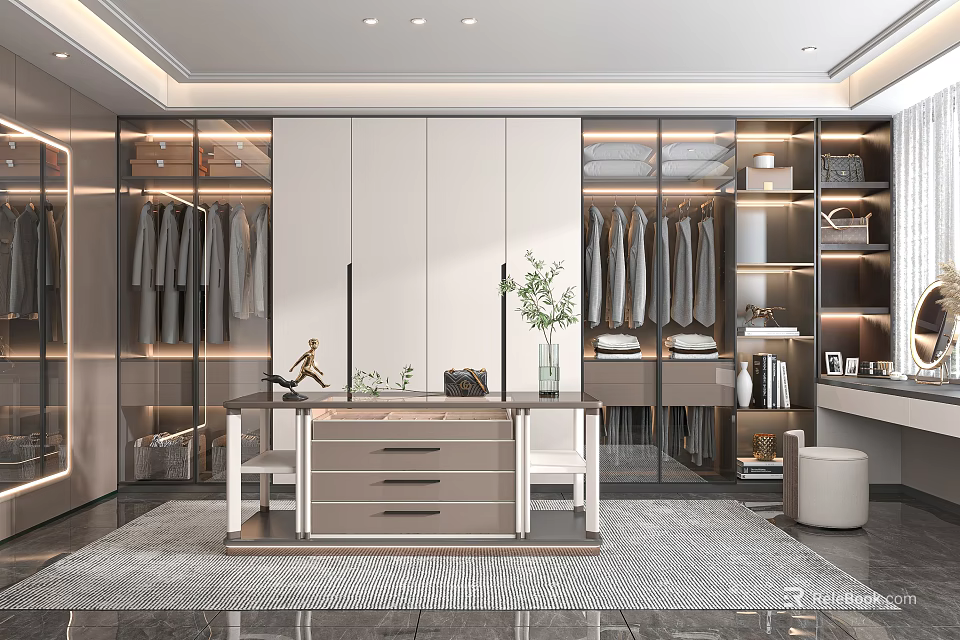 Modern Walk in Closet Interior Design With Glass Door Cabinets Hanging Clothes And Potted Plant 3d model 