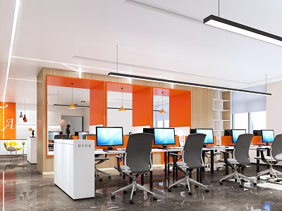 Modern Public Office Space With Orange Partitions Wooden Shelves And Multiple Computers 3d model