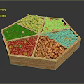 Various Colored Beans And Nuts In Wooden Octagonal Compartmentalized Snack Container