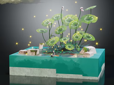 Enchanting Water Fountain with Lotus Leaves Glowing Lights and Small Structures in Serene Design 3d model