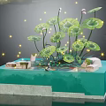 Enchanting Water Fountain with Lotus Leaves Glowing Lights and Small Structures in Serene Design