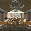 Elegant Restaurant Interior With Fish Shaped Pendant Lights Wooden Tables And Chairs
