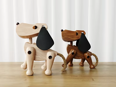 Wooden Building Blocks Dog Shaped Light And Dark With Black Ears Rope Tails On Table 3d model