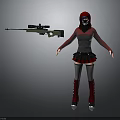 Woman in red hood white mask gray top with sniper rifle and red studded boots