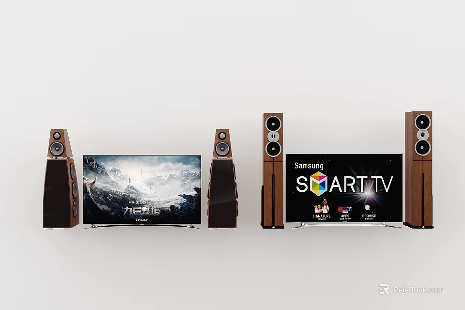 Samsung Smart TV With Wooden Surround Speakers And Clear Display Screen 3d model 