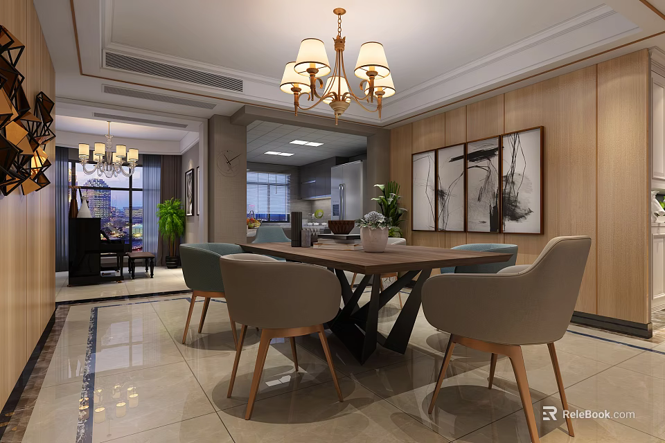 Modern Restaurant Interior Design With Chandelier Dining Table Chairs And Wall Paintings 3d model 