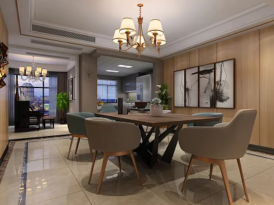 Modern Restaurant Interior Design With Chandelier Dining Table Chairs And Wall Paintings 3d model