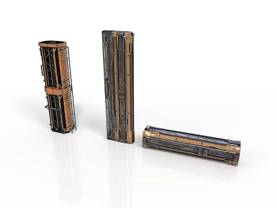 Three Industrial Metal Structures With Brown Black Panels And Striped Surface Design 3d model