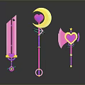Pink Fantasy Weapons Collection with Sword Staff Axe Heart Moon and Star Design