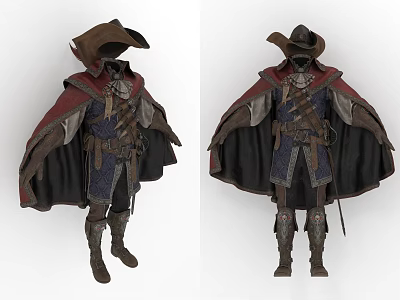 Medieval Fantasy Character Costume With Wide Brimmed Hat Red Cape Black Lining Blue Patterned Tunic 3d model