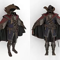 Medieval Fantasy Character Costume With Wide Brimmed Hat Red Cape Black Lining Blue Patterned Tunic
