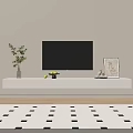 White TV Stand With Black TV Green Plant Fruit Bowl Artwork And Books