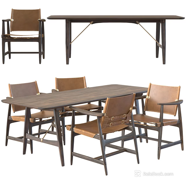 Modern Rectangular Dining Table Set With Four Leather Seat Chairs And Wooden Top Design 3d model 