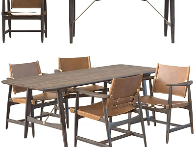Modern Rectangular Dining Table Set With Four Leather Seat Chairs And Wooden Top Design 3d model