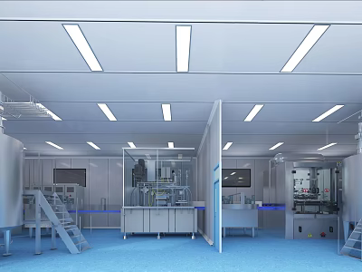Modern Industrial Facility With Stainless Steel Equipment Blue Flooring And Ceiling Lights 3d model