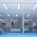 Modern Industrial Facility With Stainless Steel Equipment Blue Flooring And Ceiling Lights