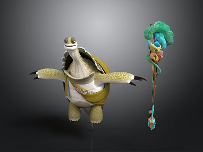 Cartoon Style Reptile Turtle With Yellow Shell Stretching Limbs And Colorful Decorative Staff 3d model