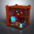 Cartoon Style Magical Room Scene With Wooden Frame Red Walls Magic Globe And Hanging Lanterns